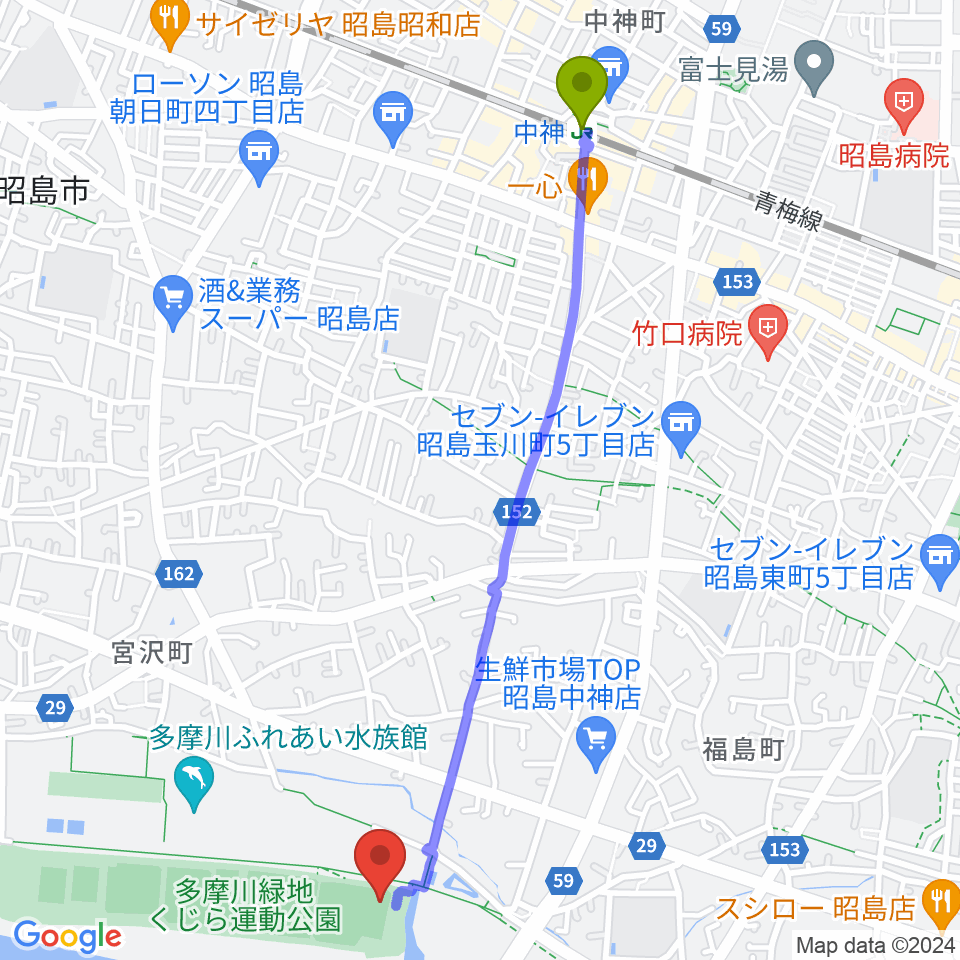 中神駅からくじら運動公園野球場へのルートマップ地図