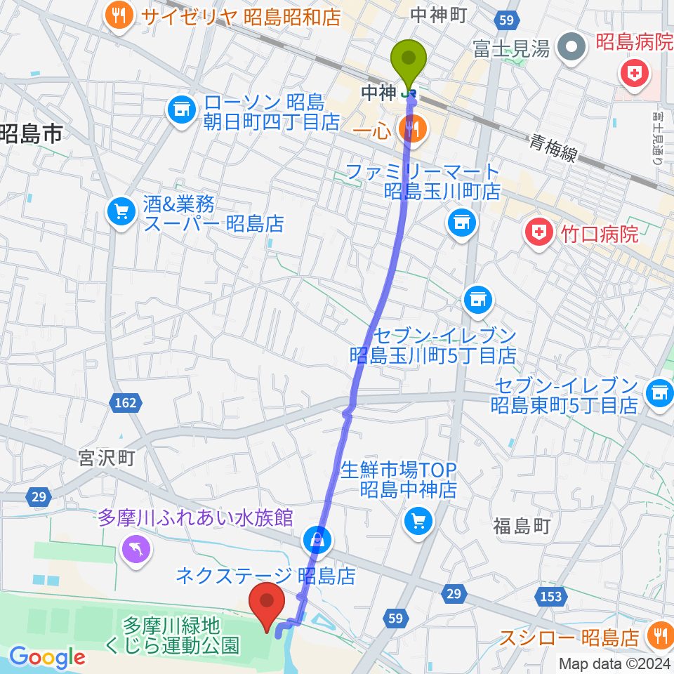 中神駅からくじら運動公園野球場へのルートマップ地図