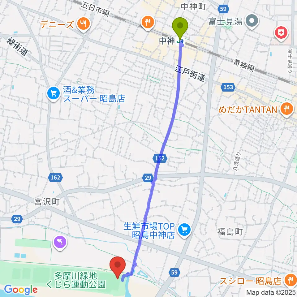 中神駅からくじら運動公園野球場へのルートマップ地図