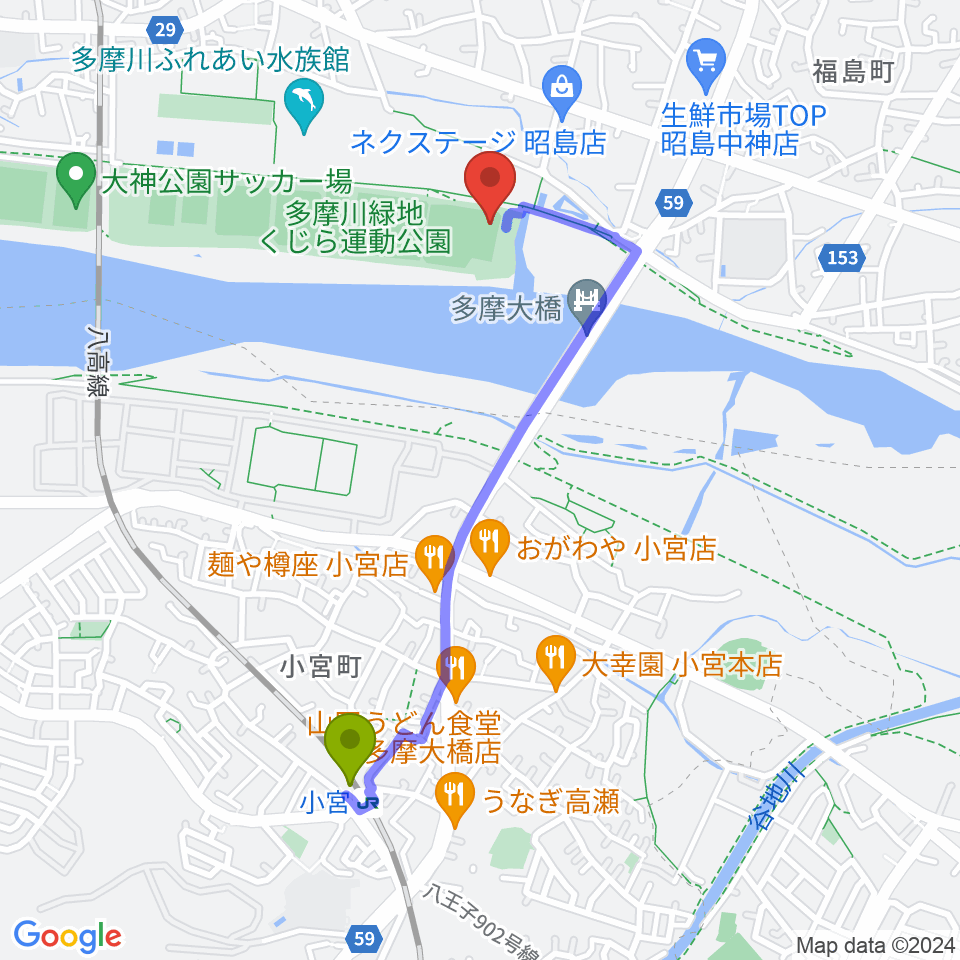 くじら運動公園野球場の最寄駅小宮駅からの徒歩ルート（約19分）地図