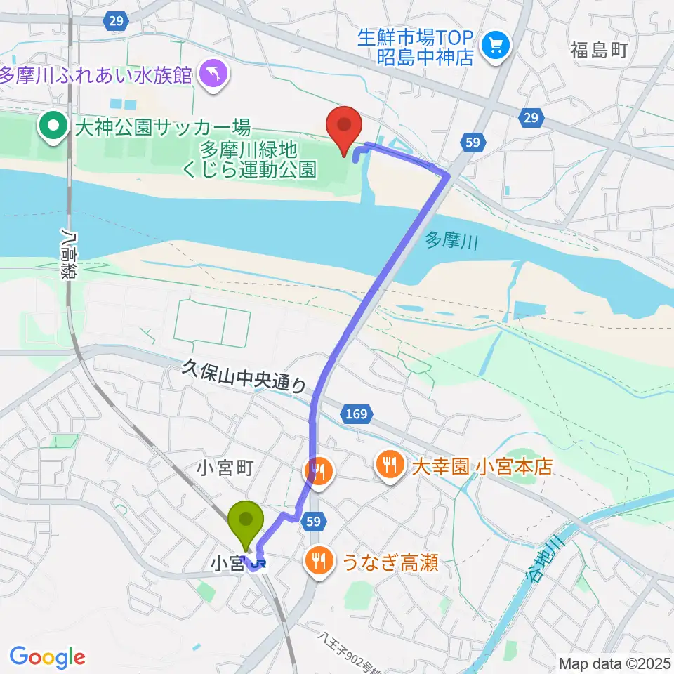 くじら運動公園野球場の最寄駅小宮駅からの徒歩ルート（約19分）地図