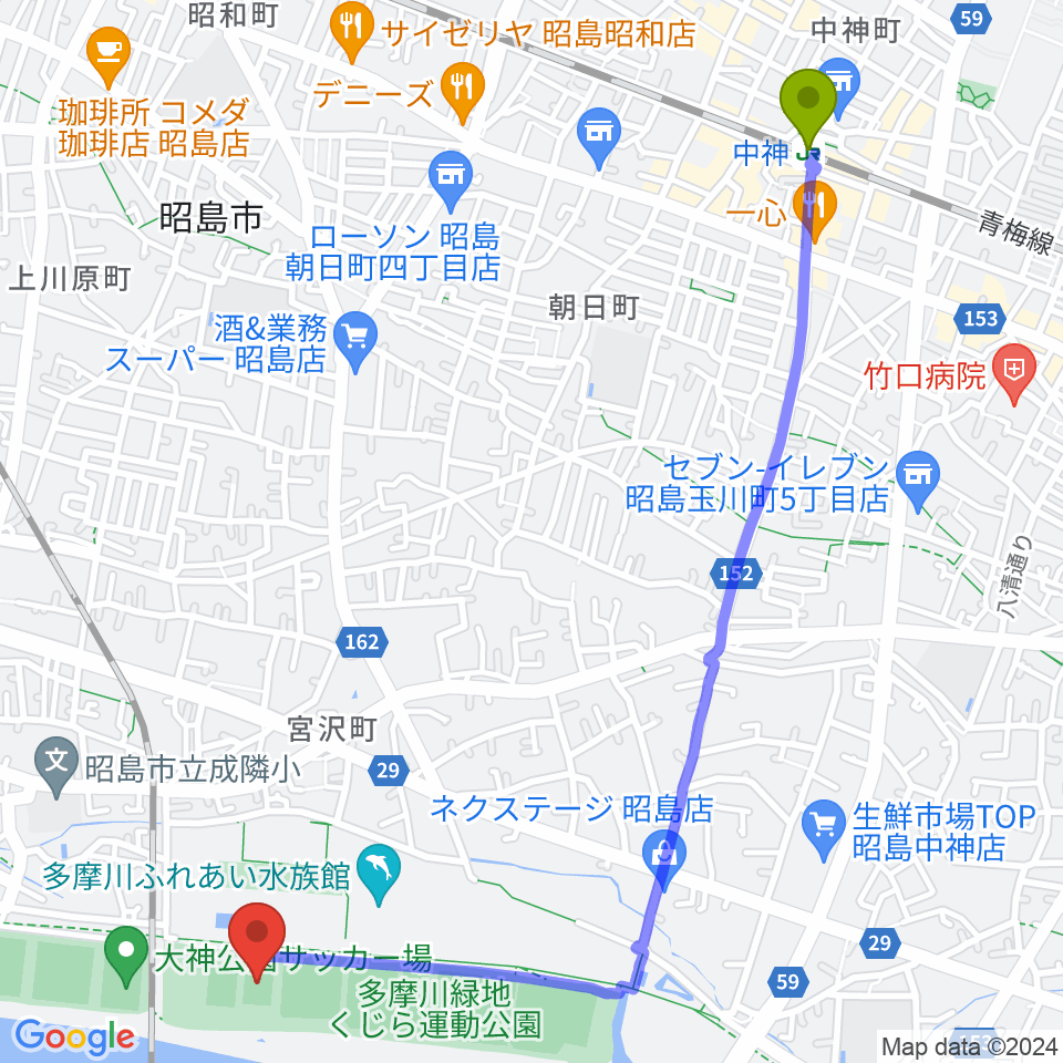 中神駅からくじら運動公園少年サッカー場へのルートマップ地図