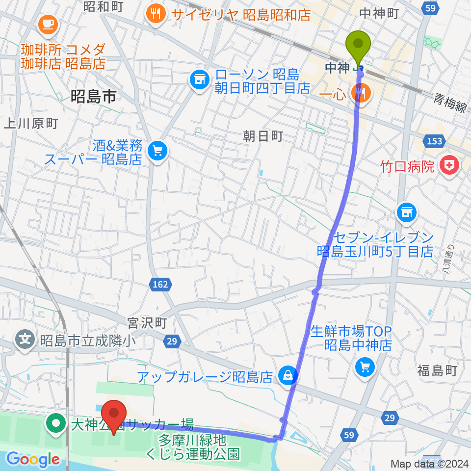 中神駅からくじら運動公園少年サッカー場へのルートマップ地図