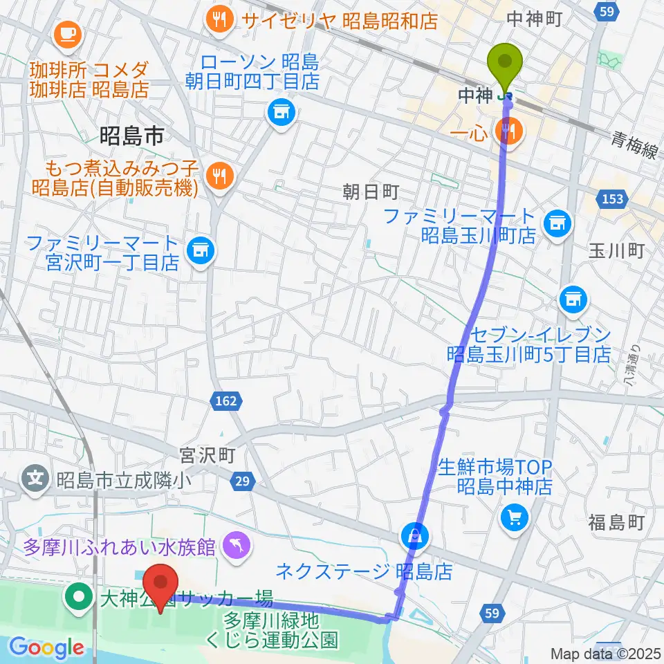 中神駅からくじら運動公園少年サッカー場へのルートマップ地図