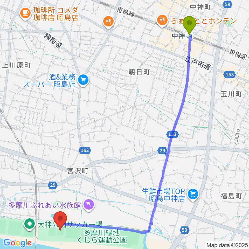 中神駅からくじら運動公園少年サッカー場へのルートマップ地図