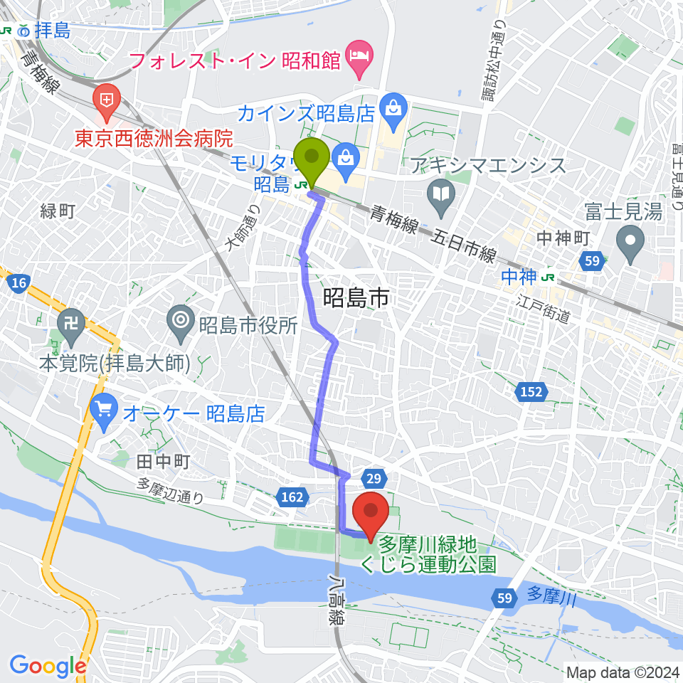 昭島駅からくじら運動公園少年サッカー場へのルートマップ地図