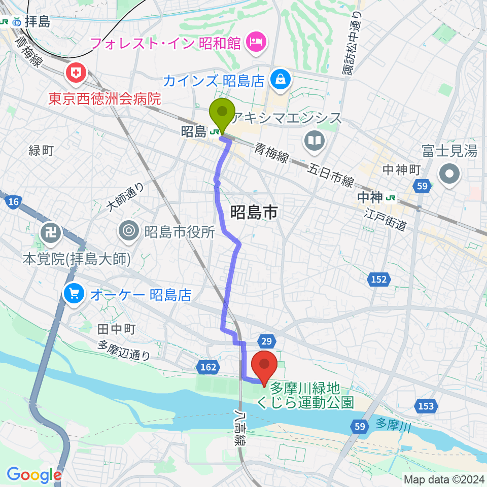 昭島駅からくじら運動公園少年サッカー場へのルートマップ地図