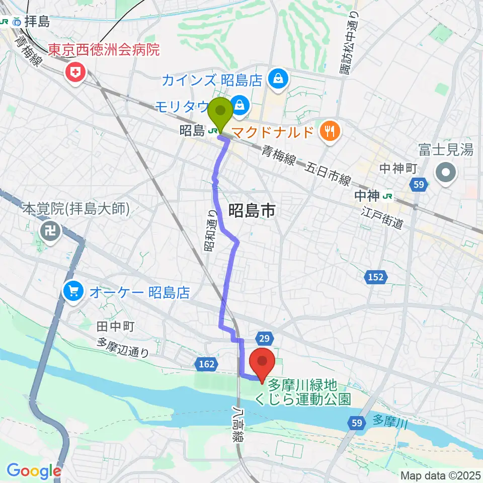 昭島駅からくじら運動公園少年サッカー場へのルートマップ地図