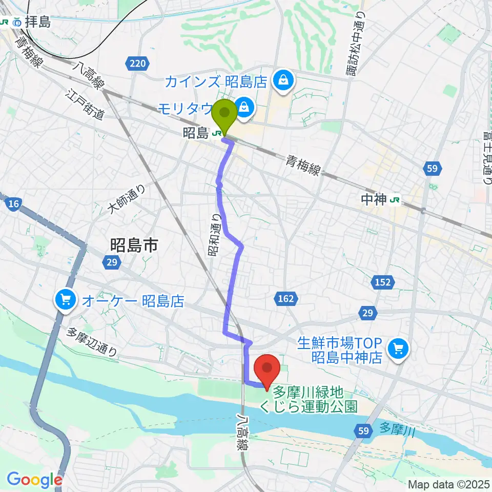 昭島駅からくじら運動公園少年サッカー場へのルートマップ地図