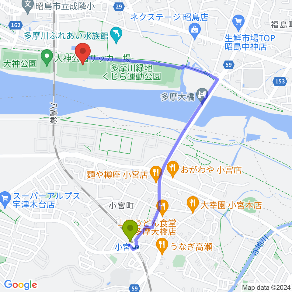 くじら運動公園少年サッカー場の最寄駅小宮駅からの徒歩ルート（約19分）地図