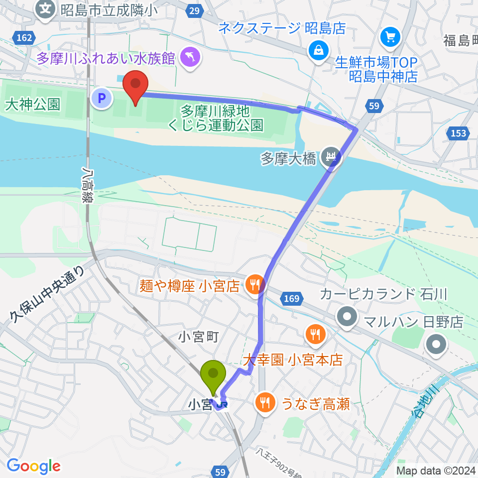 くじら運動公園少年サッカー場の最寄駅小宮駅からの徒歩ルート（約19分）地図