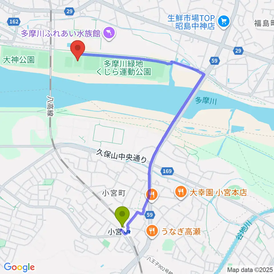 くじら運動公園少年サッカー場の最寄駅小宮駅からの徒歩ルート（約19分）地図