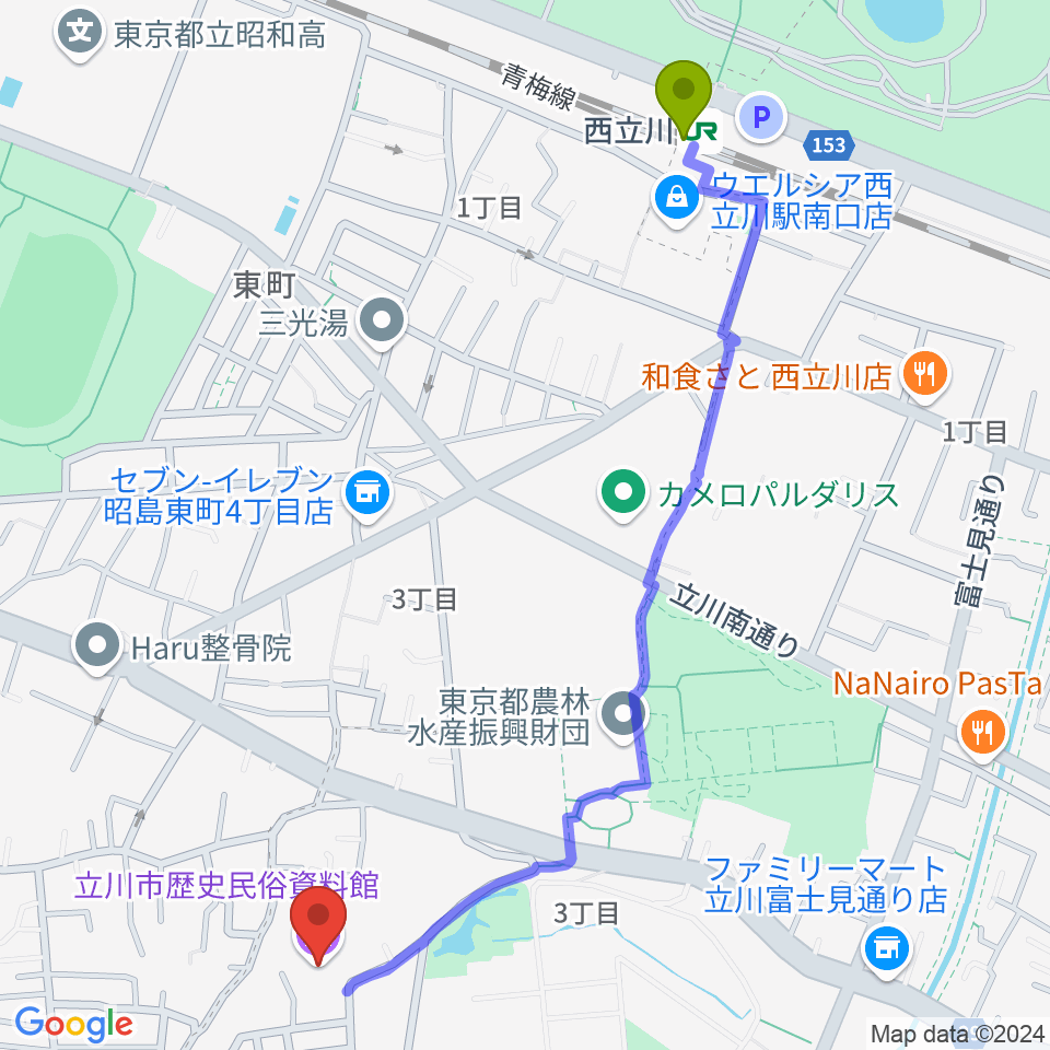 立川市歴史民俗資料館の最寄駅西立川駅からの徒歩ルート（約13分）地図