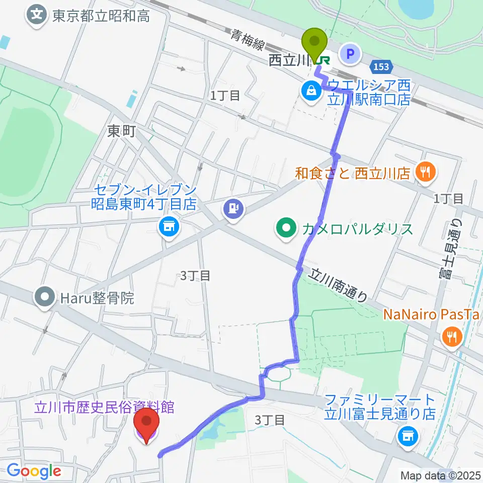 立川市歴史民俗資料館の最寄駅西立川駅からの徒歩ルート（約13分）地図