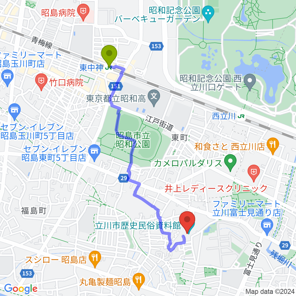 東中神駅から立川市歴史民俗資料館へのルートマップ地図