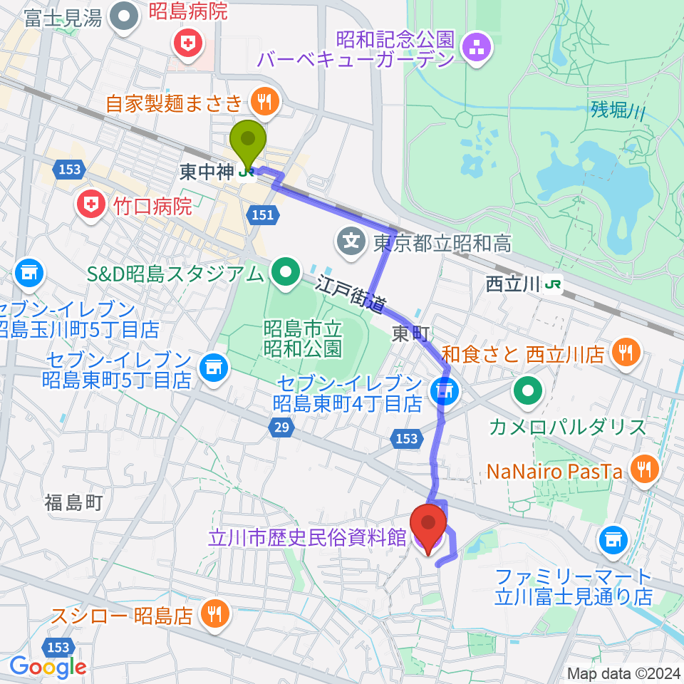 東中神駅から立川市歴史民俗資料館へのルートマップ地図