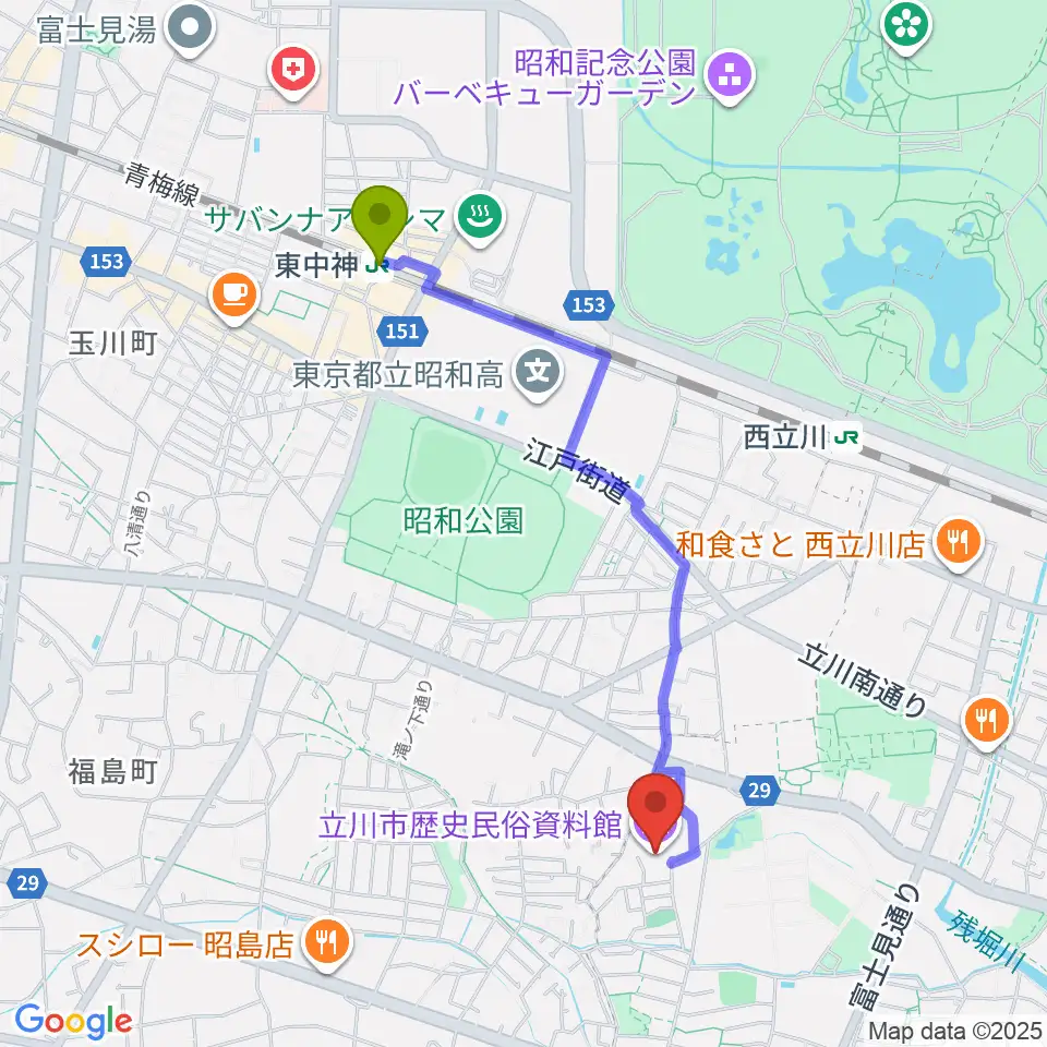 東中神駅から立川市歴史民俗資料館へのルートマップ地図