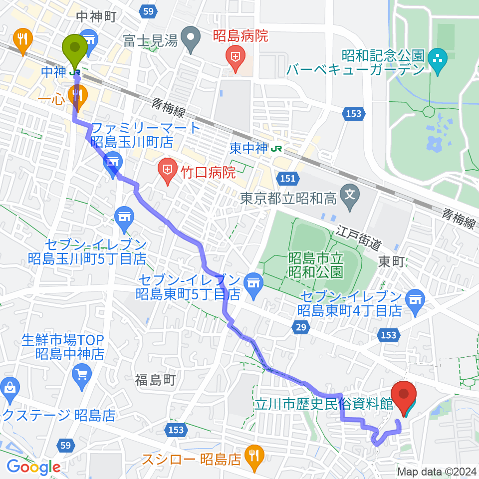 中神駅から立川市歴史民俗資料館へのルートマップ地図