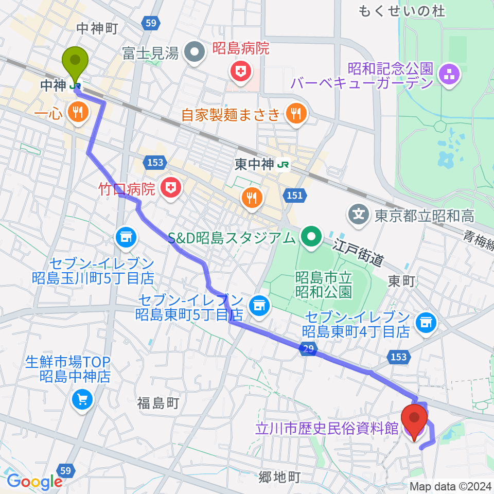 中神駅から立川市歴史民俗資料館へのルートマップ地図