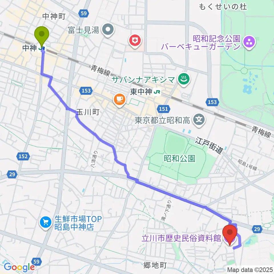 中神駅から立川市歴史民俗資料館へのルートマップ地図