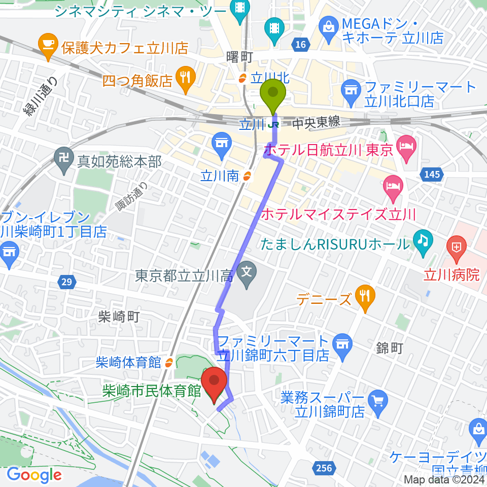 立川駅から立川市柴崎市民体育館へのルートマップ地図