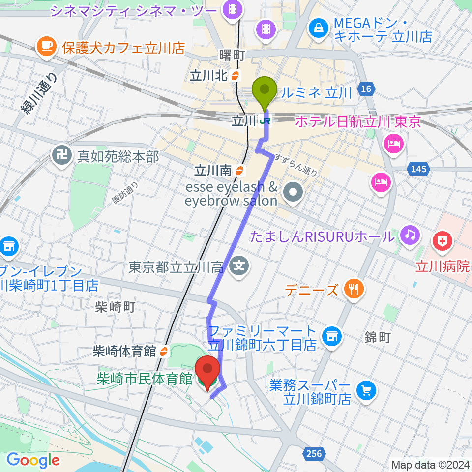 立川駅から立川市柴崎市民体育館へのルートマップ地図