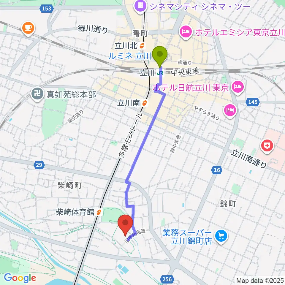 立川駅から立川市柴崎市民体育館へのルートマップ地図