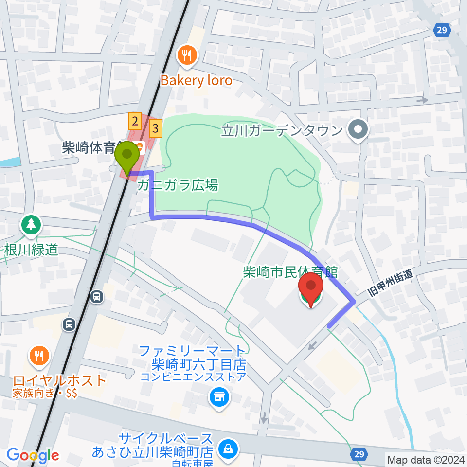 立川市柴崎市民体育館の最寄駅柴崎体育館駅からの徒歩ルート（約4分）地図