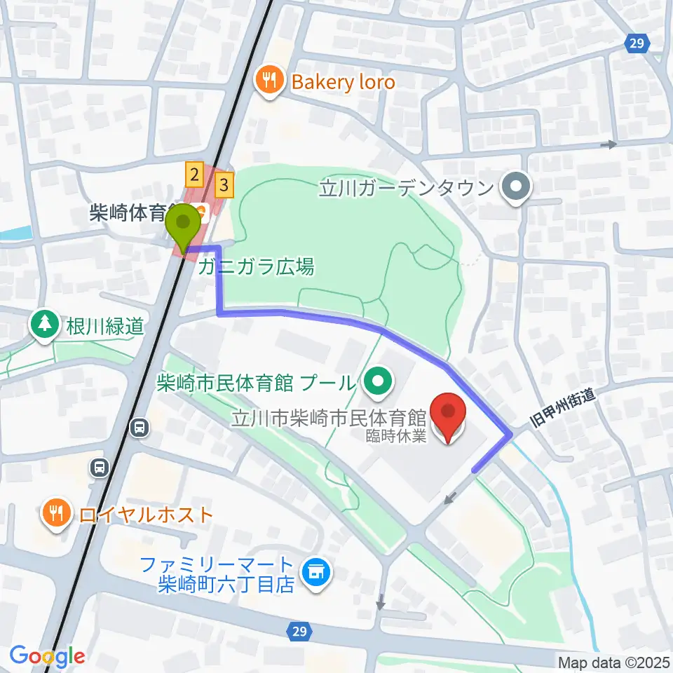 立川市柴崎市民体育館の最寄駅柴崎体育館駅からの徒歩ルート（約4分）地図