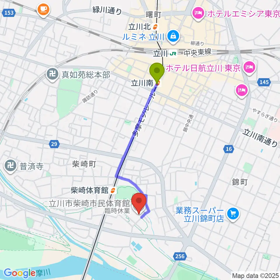 立川南駅から立川市柴崎市民体育館へのルートマップ地図