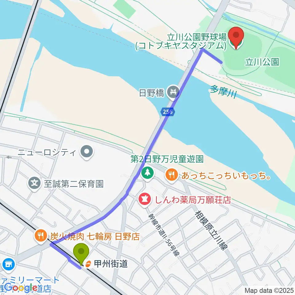 甲州街道駅からコトブキヤスタジアムへのルートマップ地図