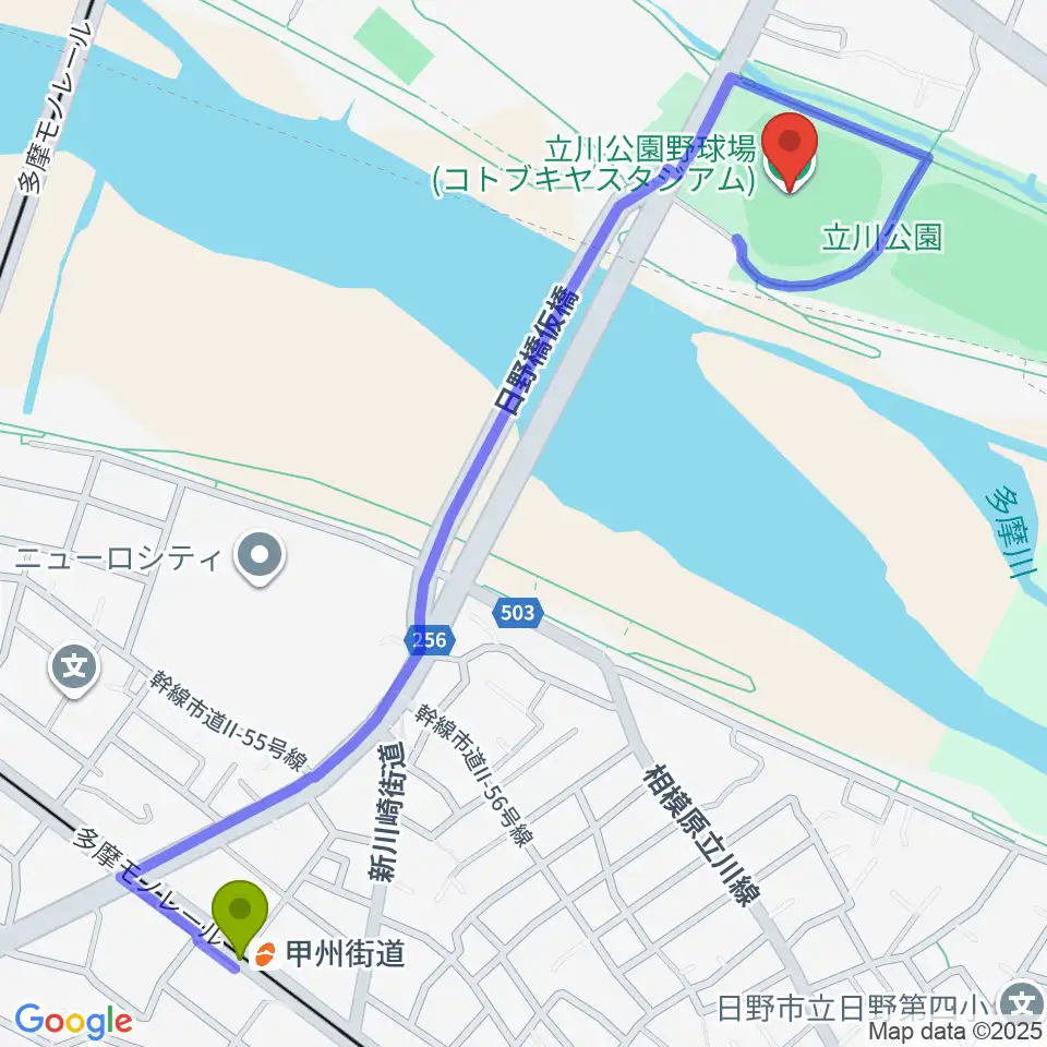 甲州街道駅からコトブキヤスタジアムへのルートマップ地図