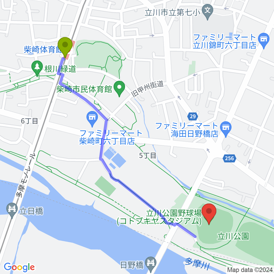 コトブキヤスタジアムの最寄駅柴崎体育館駅からの徒歩ルート（約12分）地図