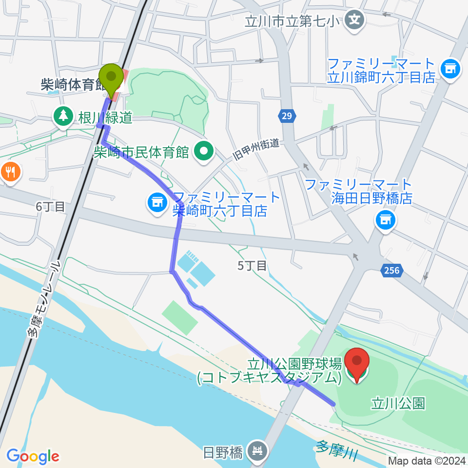 コトブキヤスタジアムの最寄駅柴崎体育館駅からの徒歩ルート（約12分）地図