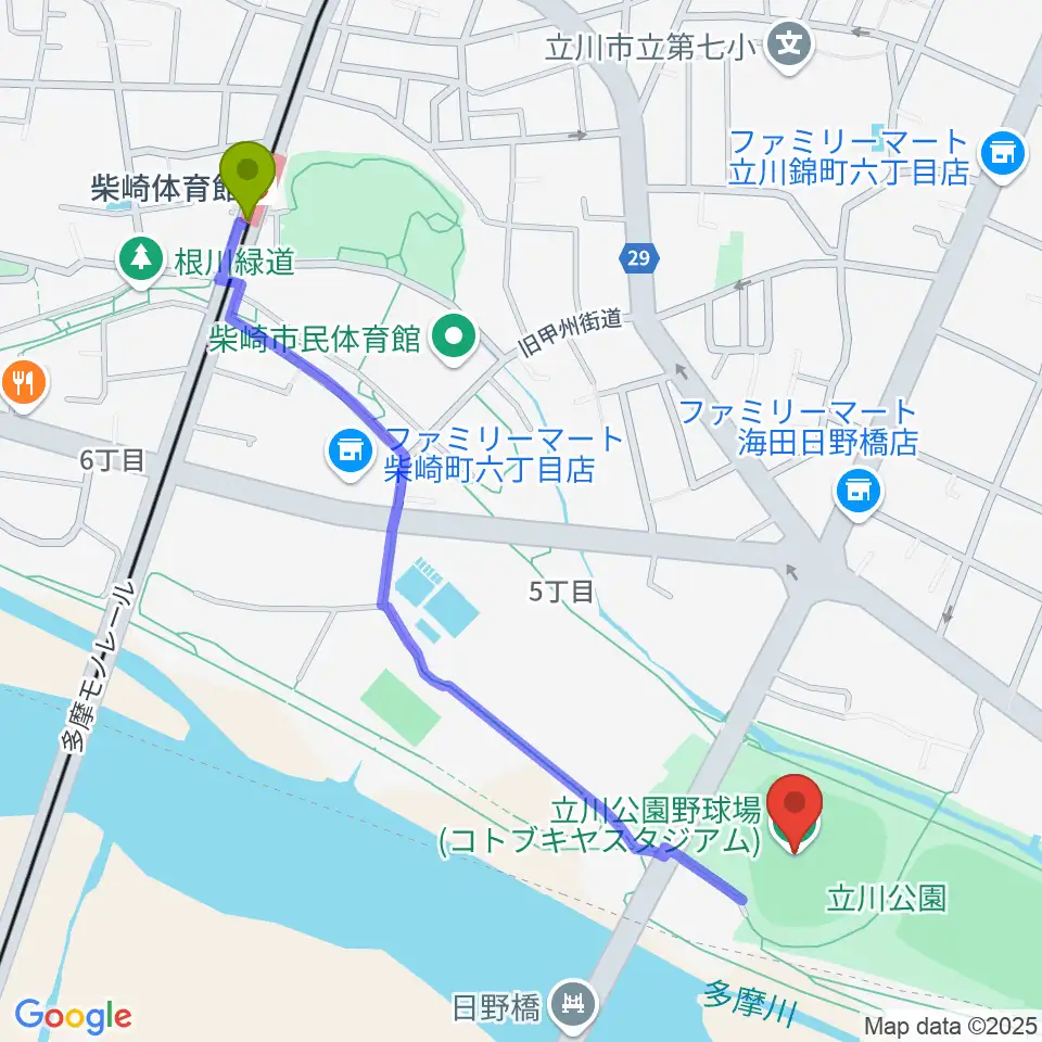 コトブキヤスタジアムの最寄駅柴崎体育館駅からの徒歩ルート（約12分）地図