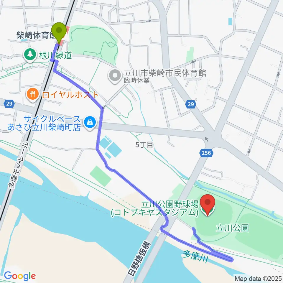 コトブキヤスタジアムの最寄駅柴崎体育館駅からの徒歩ルート（約12分）地図