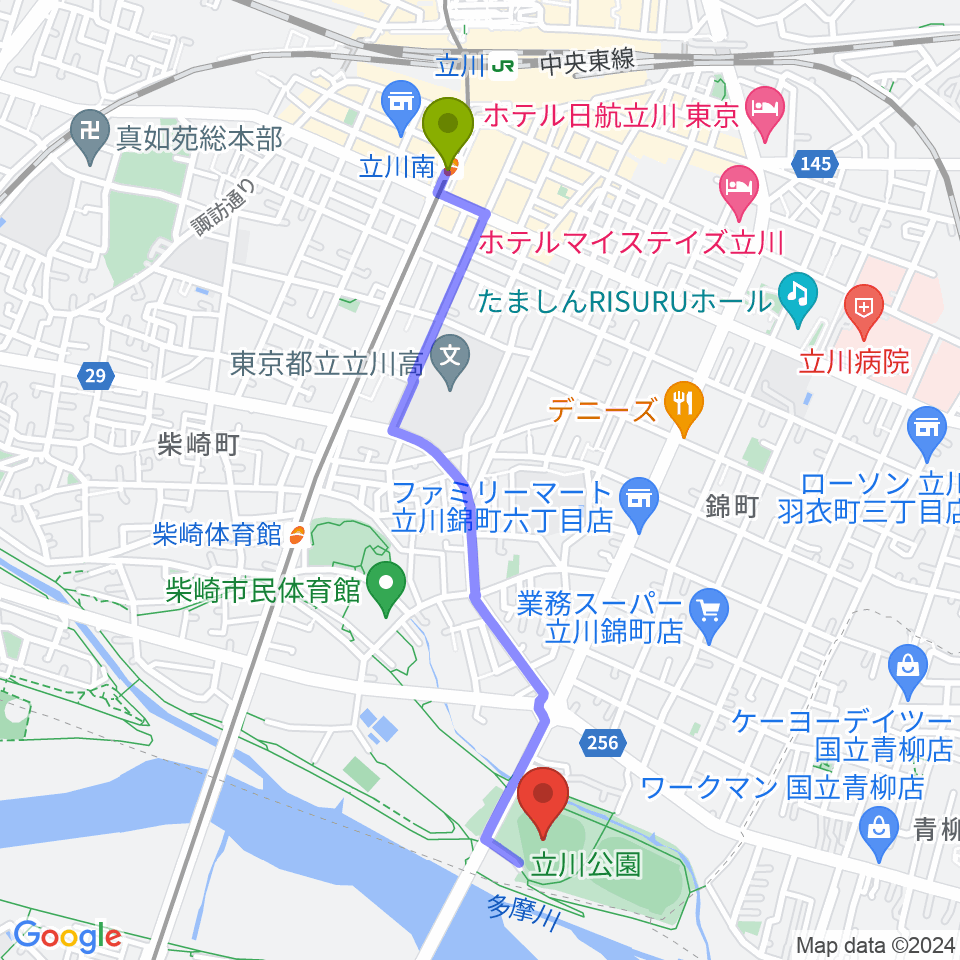 立川南駅からコトブキヤスタジアムへのルートマップ地図