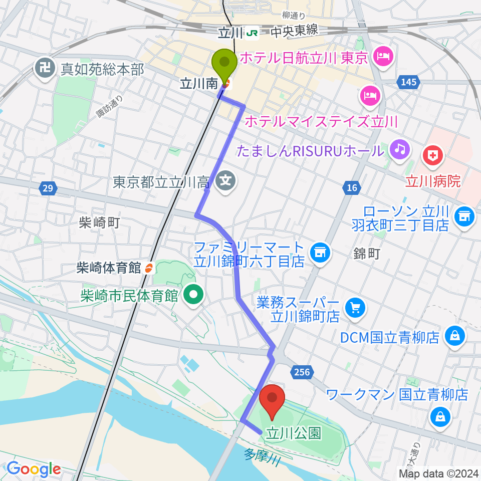 立川南駅からコトブキヤスタジアムへのルートマップ地図