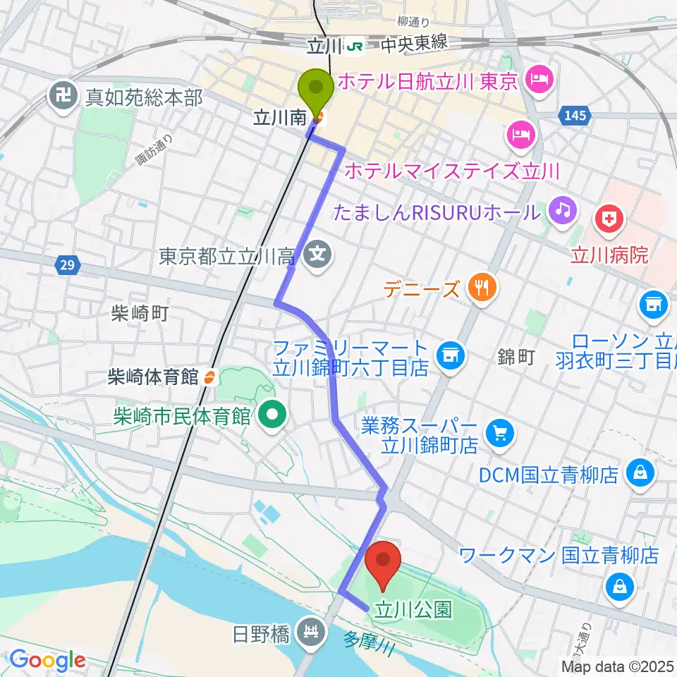 立川南駅からコトブキヤスタジアムへのルートマップ地図