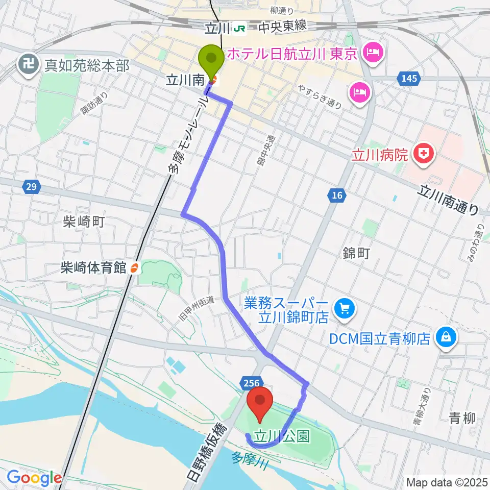 立川南駅からコトブキヤスタジアムへのルートマップ地図