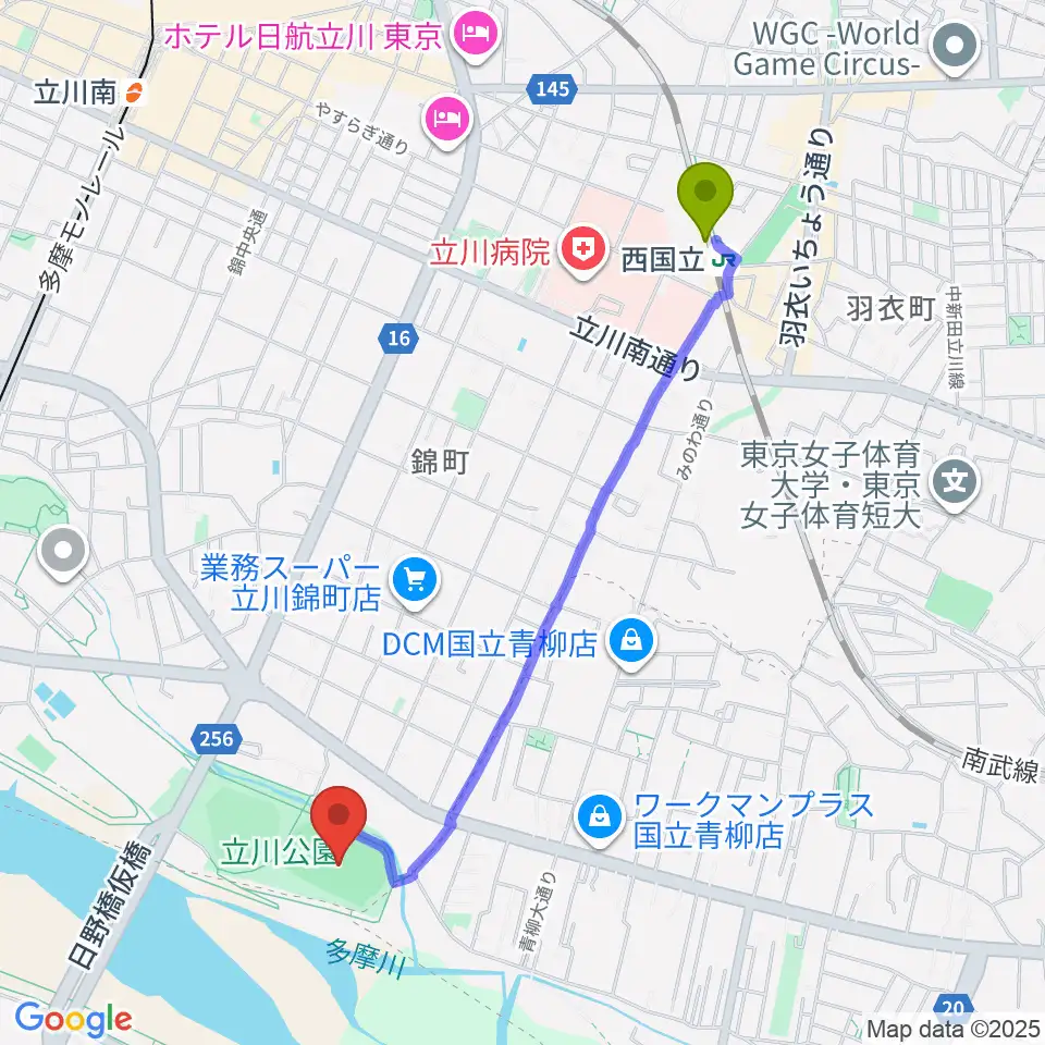 西国立駅から立川公園陸上競技場へのルートマップ地図