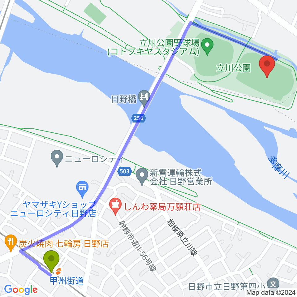 立川公園陸上競技場の最寄駅甲州街道駅からの徒歩ルート（約15分）地図