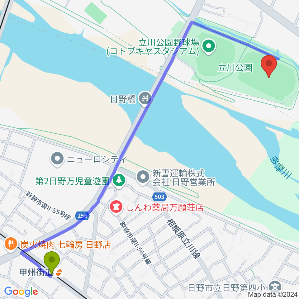 立川公園陸上競技場の最寄駅甲州街道駅からの徒歩ルート（約15分）地図