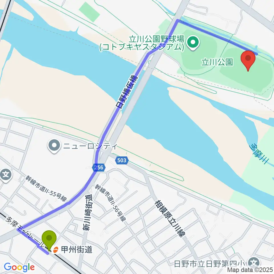 立川公園陸上競技場の最寄駅甲州街道駅からの徒歩ルート（約15分）地図