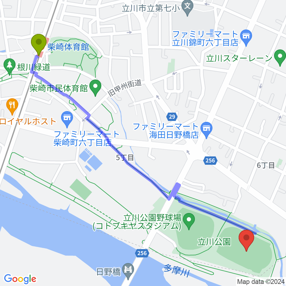 柴崎体育館駅から立川公園陸上競技場へのルートマップ地図