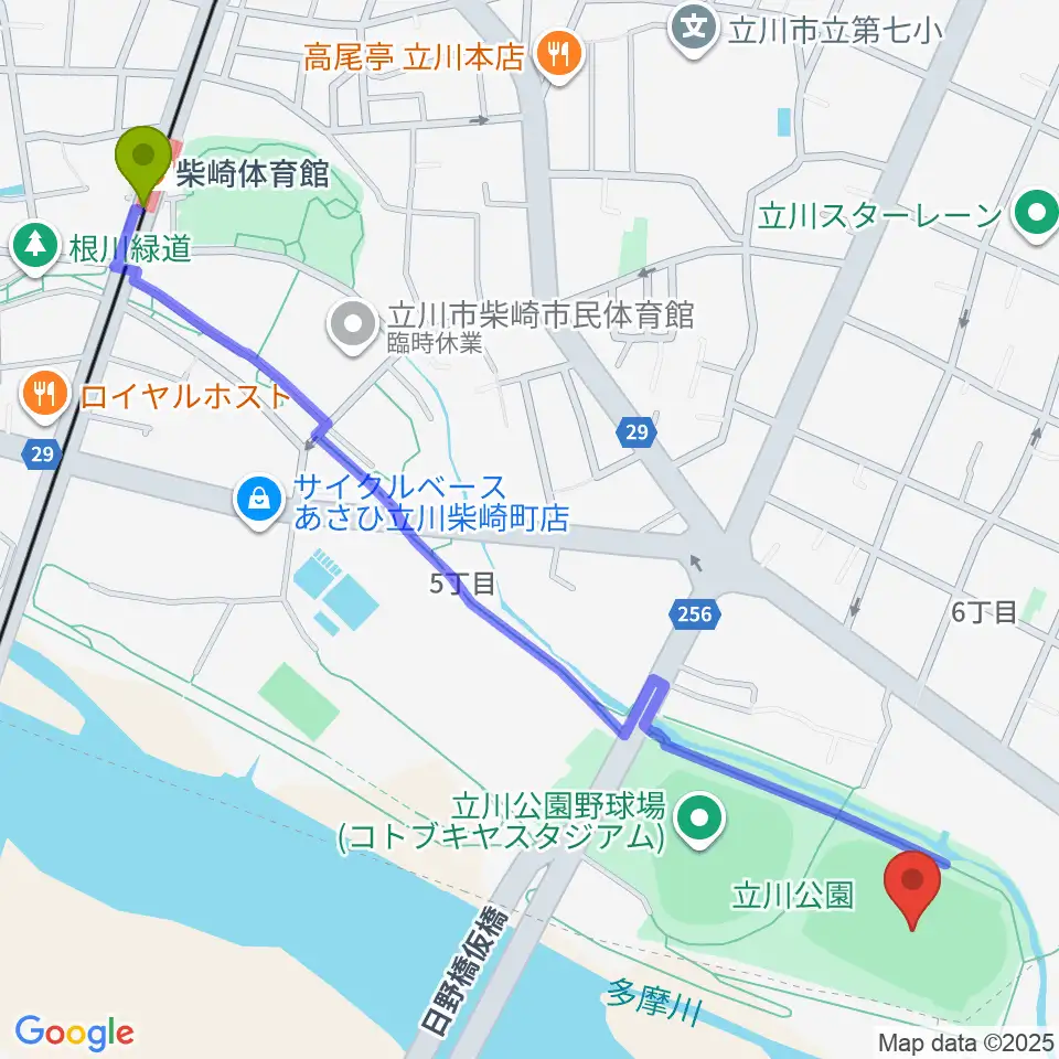 柴崎体育館駅から立川公園陸上競技場へのルートマップ地図