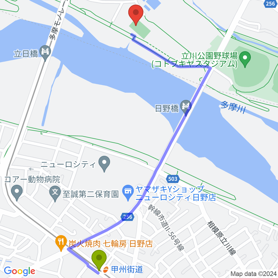 甲州街道駅から明治安田TACHIKAWAフィールドへのルートマップ地図