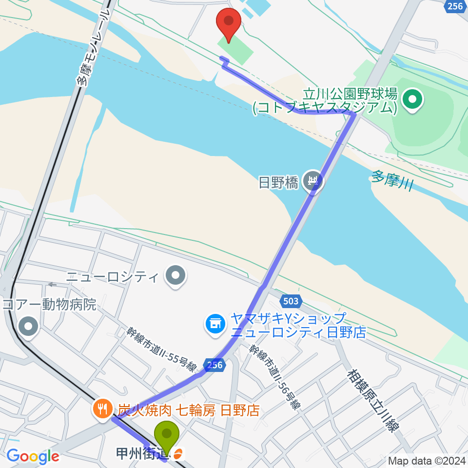 甲州街道駅から明治安田TACHIKAWAフィールドへのルートマップ地図