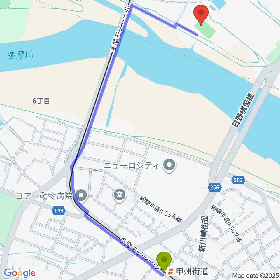 甲州街道駅から明治安田TACHIKAWAフィールドへのルートマップ地図