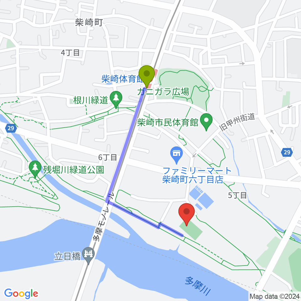 明治安田TACHIKAWAフィールドの最寄駅柴崎体育館駅からの徒歩ルート（約7分）地図